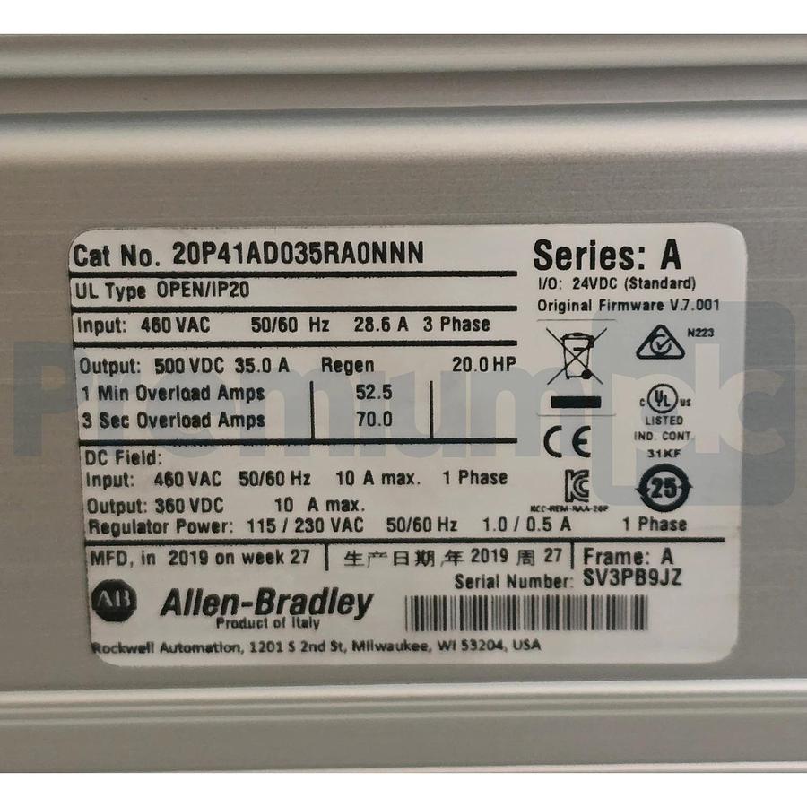 Used Allen-Bradley 20P41AD035RA0NNN /A PowerFlex DC Drive 20HP 460VAC w/HMI USPI
