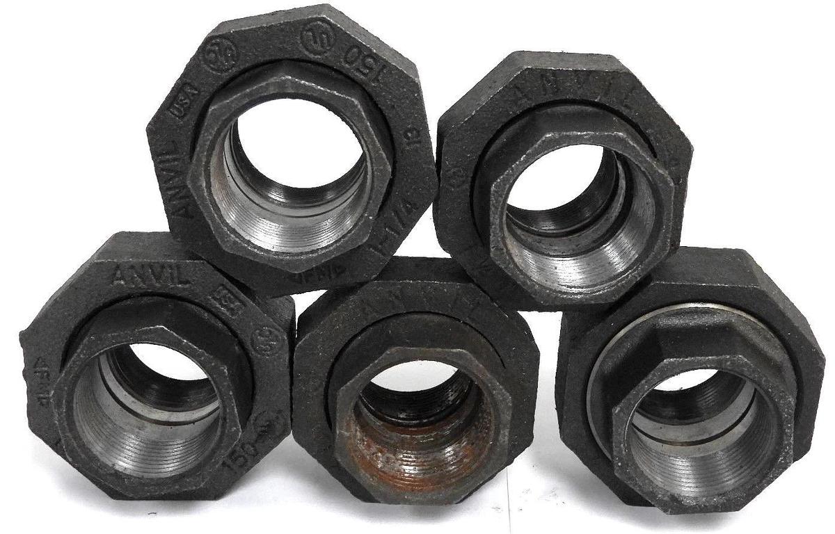 LOT OF 5 NEW ANVIL 1-1/4" BLACK PIPE UNIONS