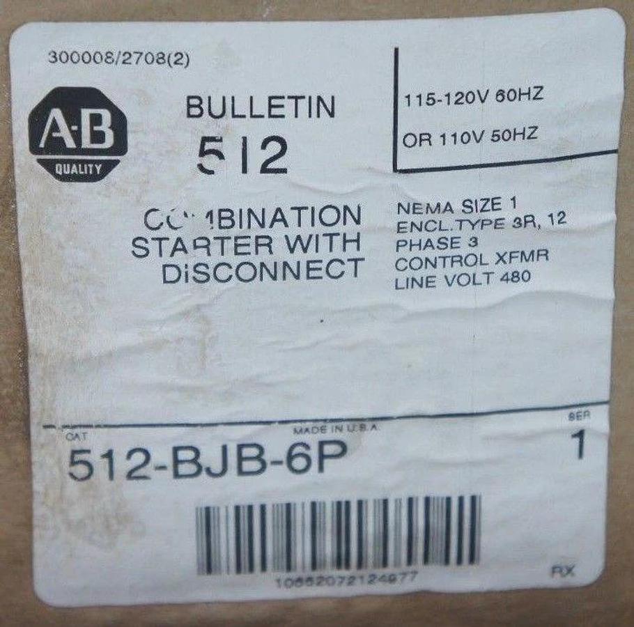 NIB ALLEN BRADLEY 512-BJB-6P STARTER W/DISCONNECT SWITCH SER 1 REV 6-22 512BJB6P