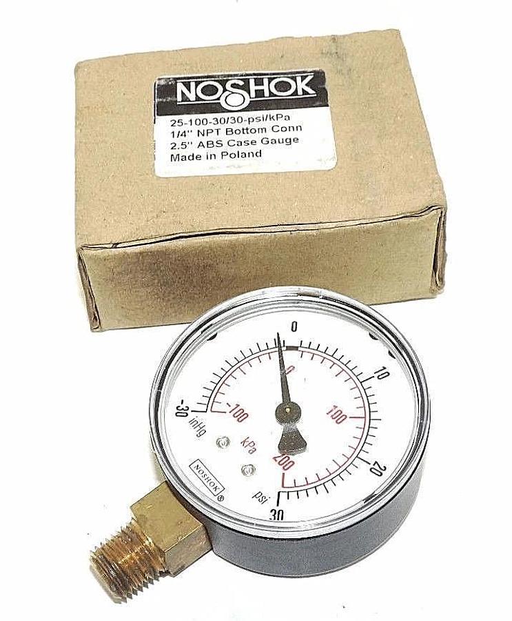 Used NIB NOSHOK 25-100-30/30-PSI/KPA GAGE 1/4" NPT BOTTOM CONNECTION 2.5" ABS CASE