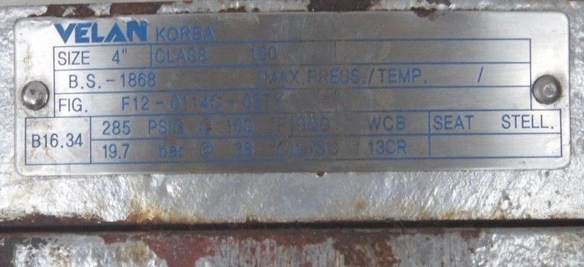 NEW VELAN F12-0114C-02TY FLANGED VALVE 4" CLASS: 150, BS-1868, B16.34, 4-150