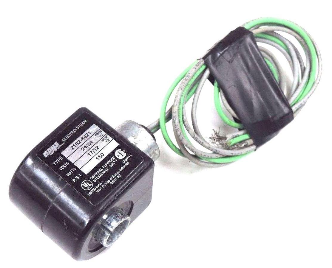 Used HAYS ELECTRO-STEAM 2192-6421 SOLENOID COIL 24V, 50/60HZ, 17/12W, 150PSI