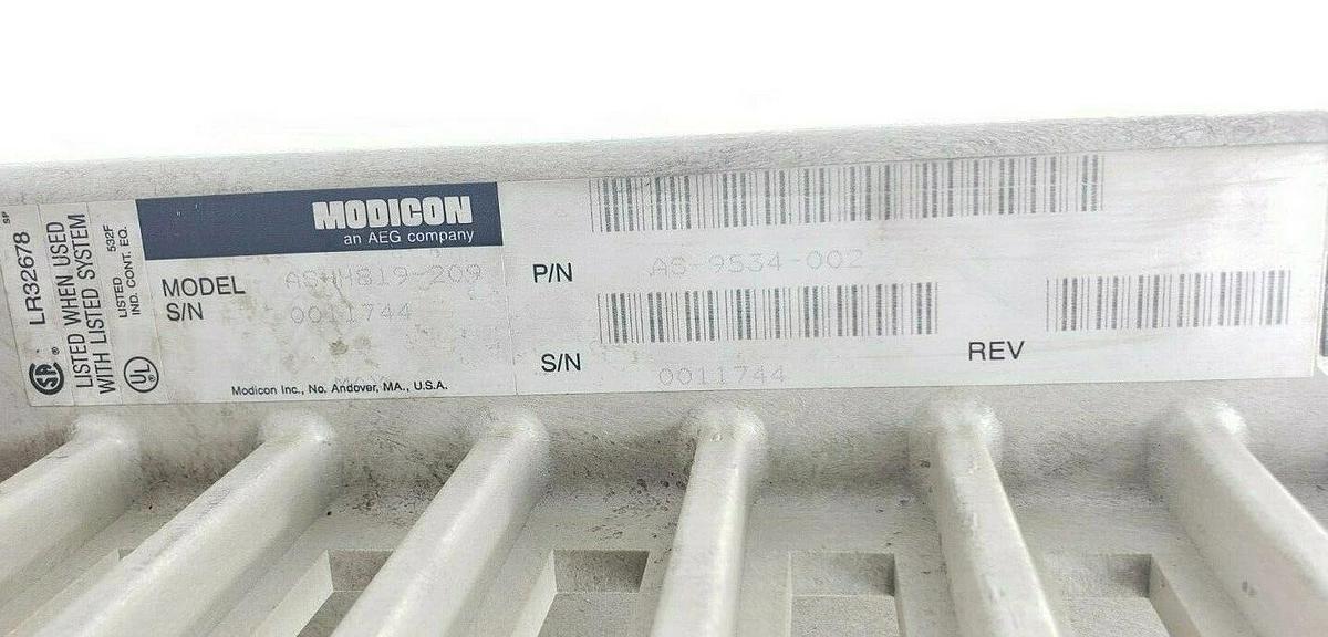 Used MODICON AS-9534-002 984 SERIES 7-SLOT CHASSIS RACK AS-H819-209 W/ WIRING ARMS