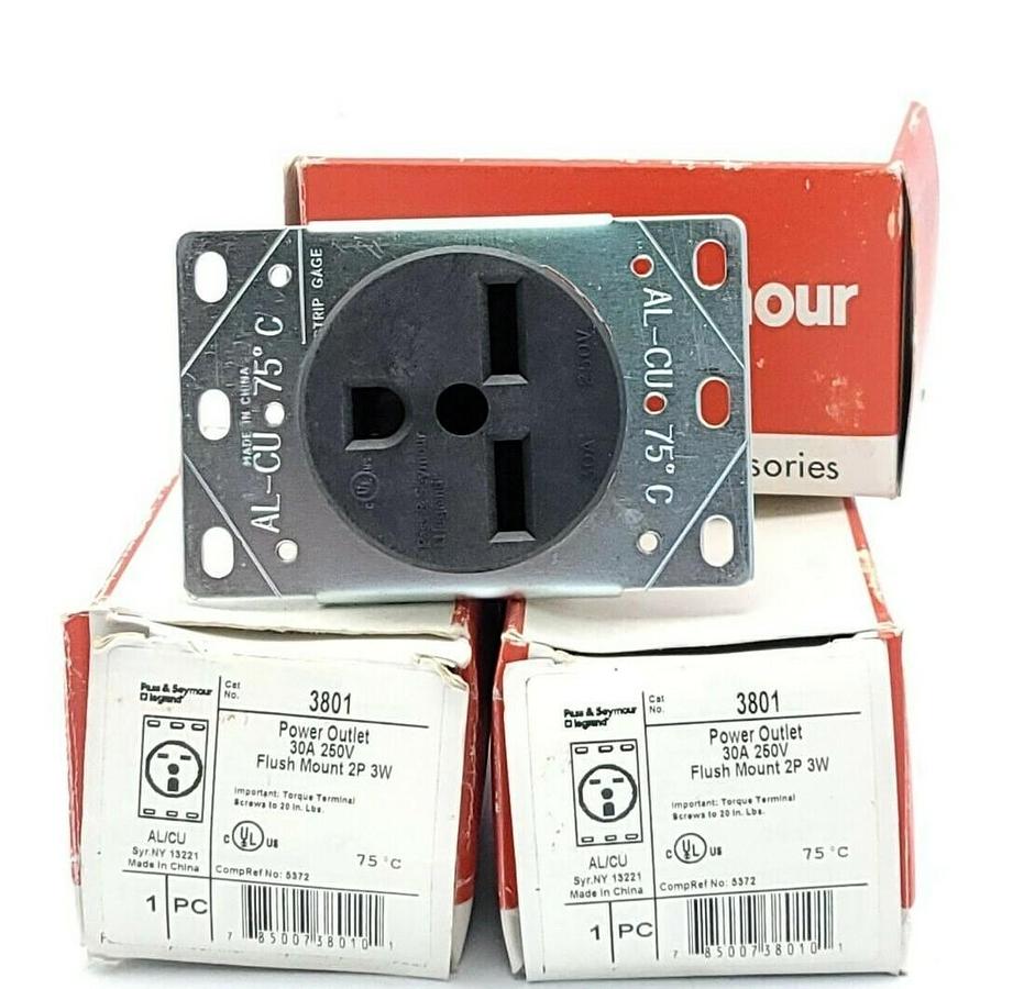 Used LOT OF 3 NIB PASS & SEYMOUR 3801 POWER OUTLETS 30A 250V FLUSH MOUNT 2P 3W