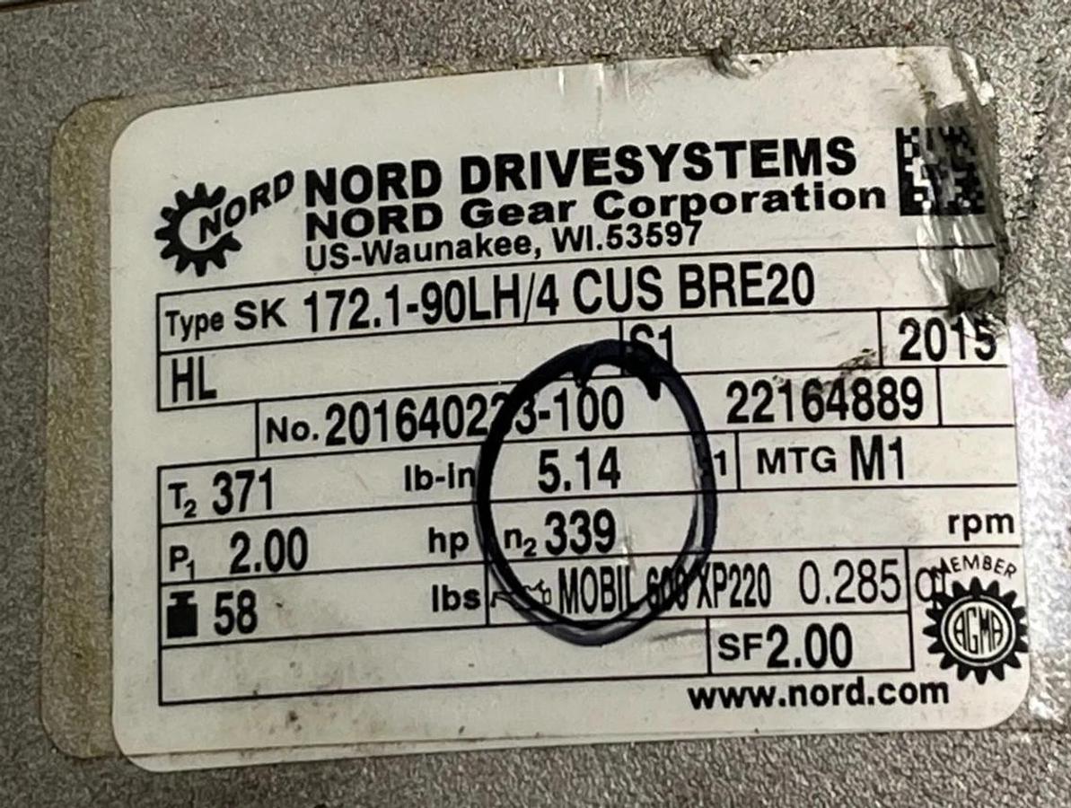 Used NORD Gearmotor SK 172.1-90LH/4 CUS BRE20 HL 2 HP 339 RPM 230/460V Inverter Duty