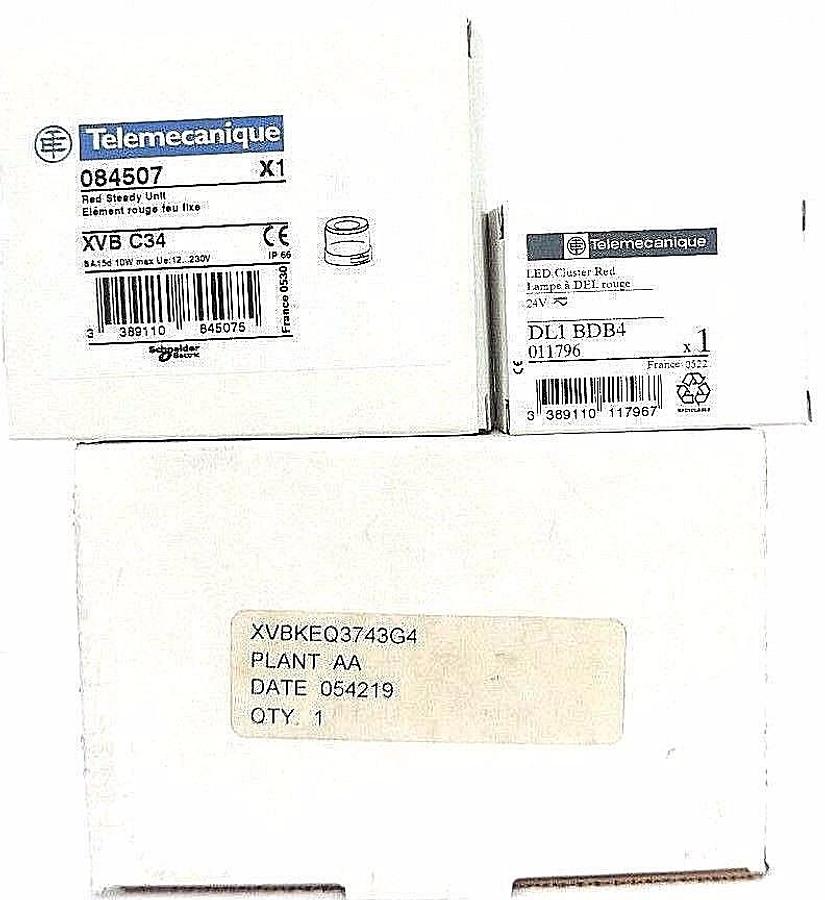 Used NIB TELEMECANIQUE XVBKEQ3743G4 OVER PACK W/ XVB-C34 RED STEADY UNIT & DL1-BDB4