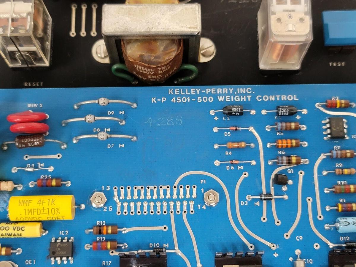 Used REPAIRED KELLEY-PERRY K-P 501 PC BOARD W/ 4501-500 WEIGHT CONTROL BOARD