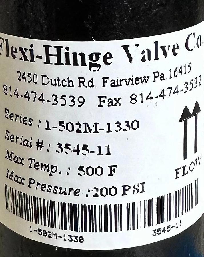 NEW Flexi-Hinge VALVE CO. 1-502M-1330 / 1502M1330 CHECK VALVE 200PSI 500F