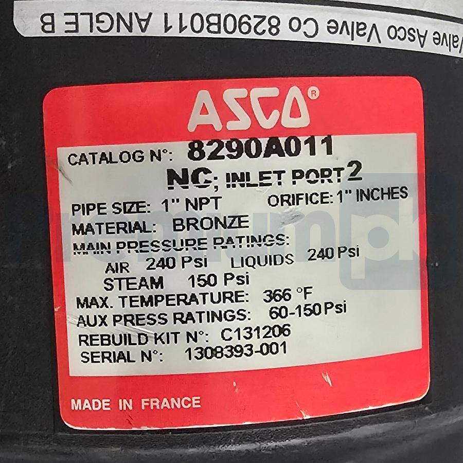 ASCO 8290A011 Angle Body Aux. Piloted Piston Valve 1" NPT Bronze 2/2 NC NSNP