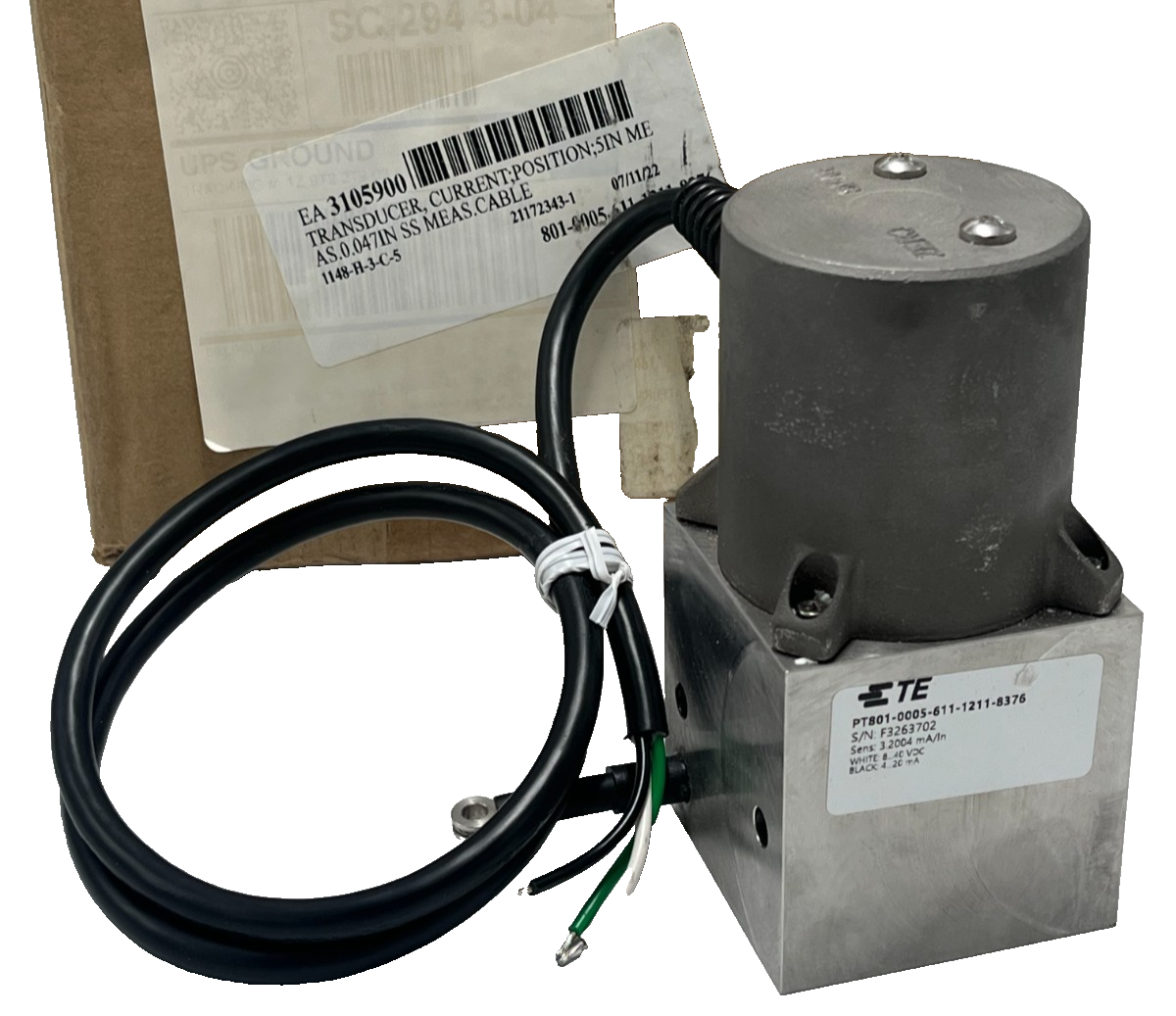 Used TE CONNECTIVITY PT801-0005-611-1211-8376 POSITION TRANSDUCER 5", 3.2004 mA/ln