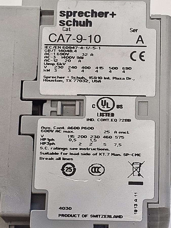 Used SPRECHER+SCHUH CA7-9-10 SER. A CONTACTOR WITH CEP7-EECB SER. B OVERLOAD RELAY