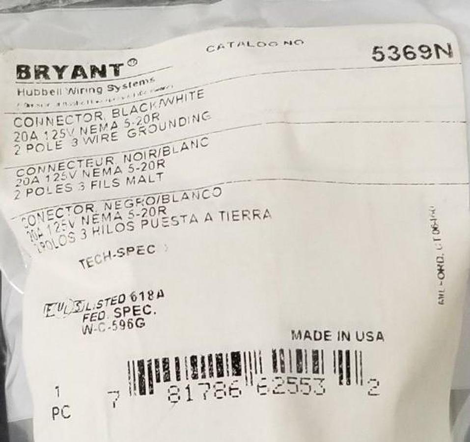 BOX OF 6 NEW BRYANT 5369N CONNECTORS BLACK/WHITE 20A 125V NEMA 5-20R 2P 3W