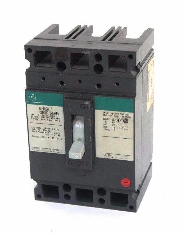 Used GENERAL ELECTRIC THED136020 HI BREAK CIRCUIT BREAKER 600VAC, 20 AMP, 3 POLE