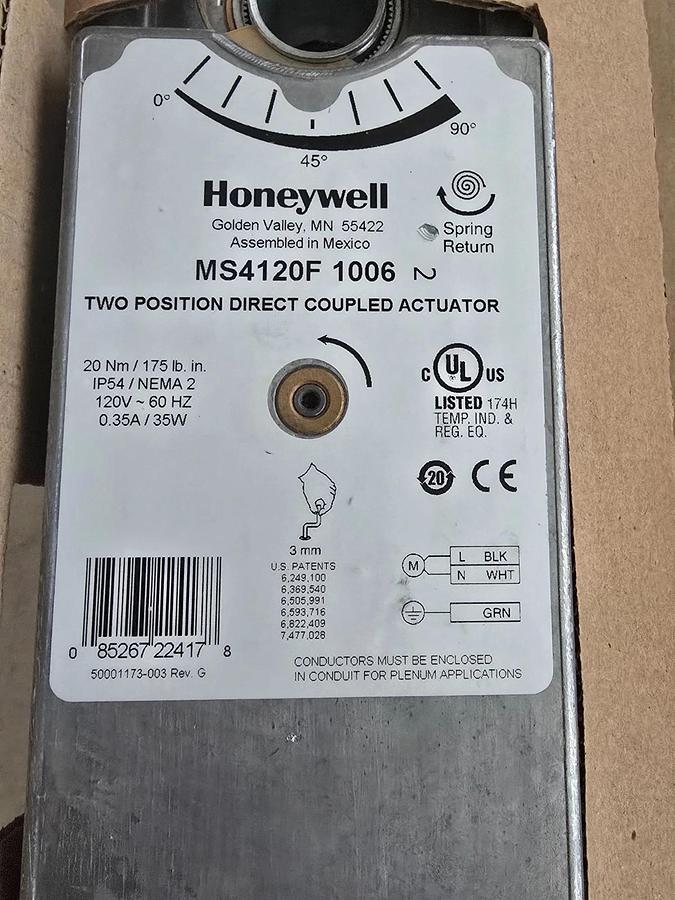 Honeywell MS4120F1006 Fast-Acting Two-Position SPST Actuator 120V 175 lb-in NSMP