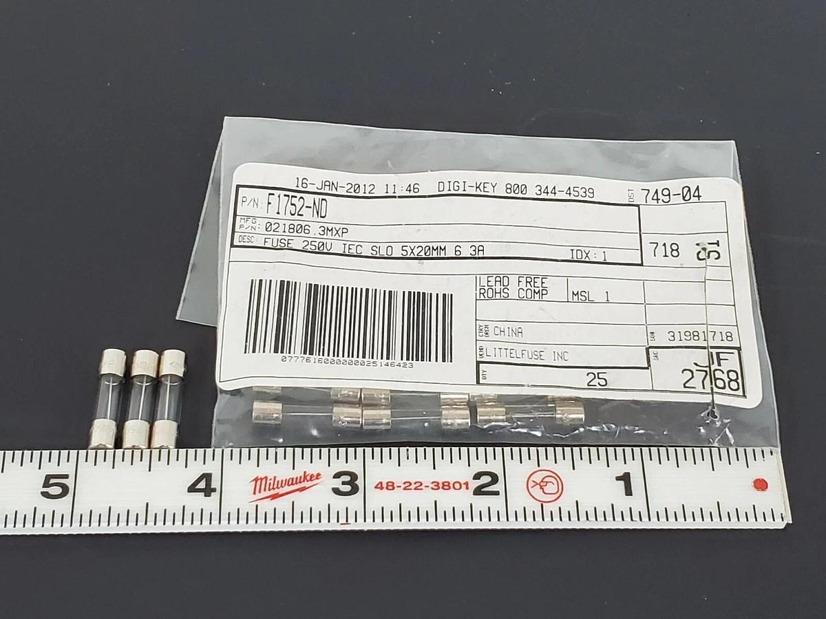 LOT OF 11 NEW LITTELFUSE F1752-ND FUSES 250V IEC SLO 5X20MM 6.3A