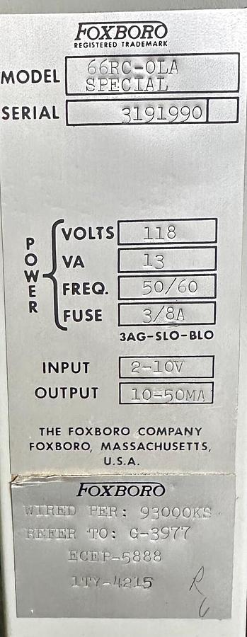 Used FOXBORO 66RC-0LA / 66RC0LA SPECIAL DYNAMIC COMPENSATOR CONTROLLER M/66R 66RC-OLA
