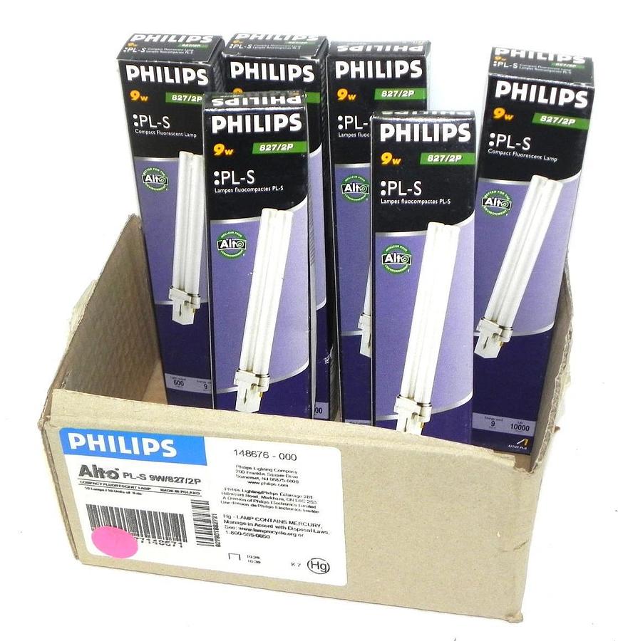 Used LOT OF 6 NIB PHILIPS PL-S COMPACT FLUORESCENT LAMPS 827/2P, 9 WATTS 10000 HRS