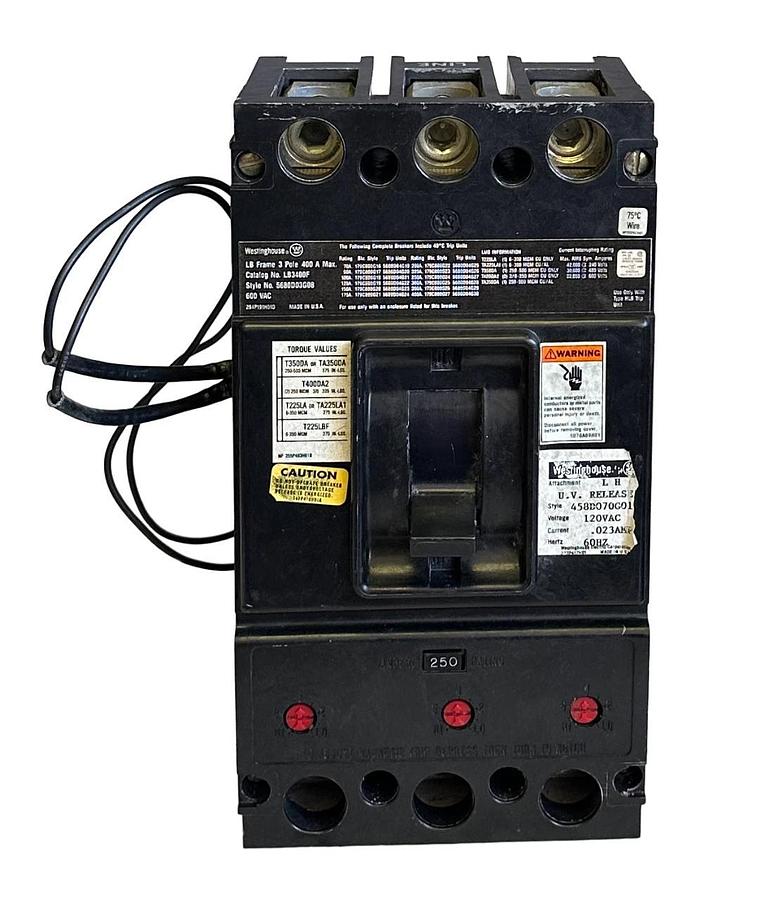 Used WESTINGHOUSE LB3400F / 5680D03G08 CIRCUIT BREAKER 3-POLE 400A 600V W/ 458D070G01