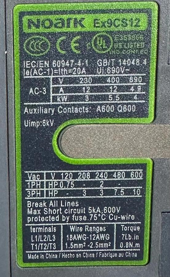 Used NOARK EX9S32A10A MANUAL MOTOR STARTER (UP TO 32A @ 600VAC) Ex9CS12 Ex9S32 AL5111