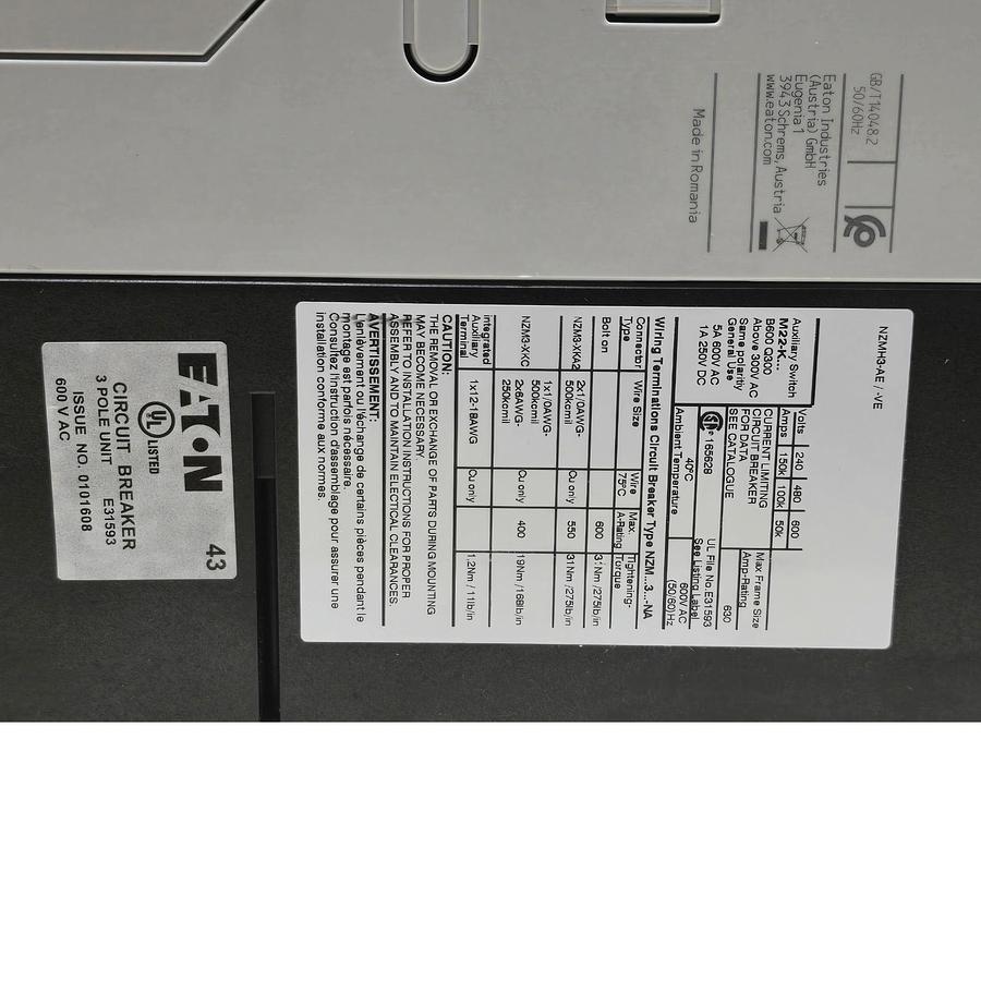 Used EATON MOELLER NZMN3-AE600-NA - NZM CIRCUIT BREAKER 3P 600A w/MAGNETIC TRIP NSMP