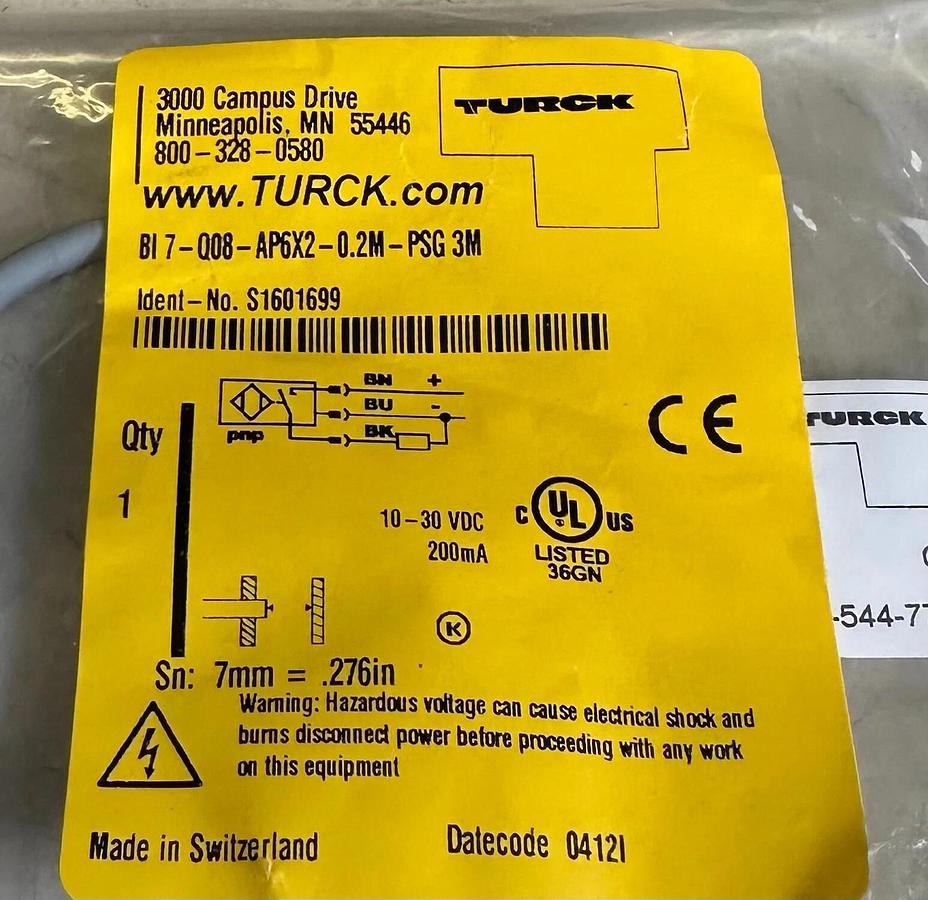Used NEW TURCK BI 7-Q08-AP6X2-0.2M-PSG / BI7Q08AP6X202MPSG 3M INDUCTIVE S1601699