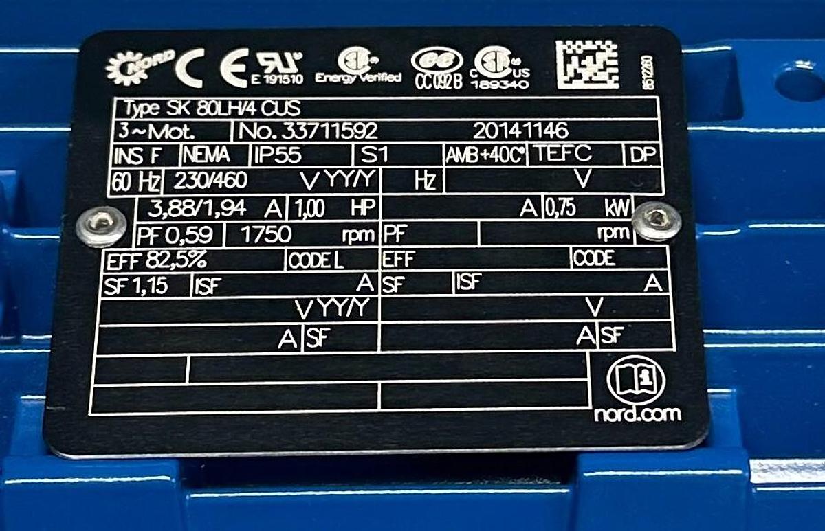 Used NORD SK 02F-80LH/4 CUS / SK 80LH/4 CUS GEAR MOTOR 24Nm 0.75kW/1HP 230/460V NSNP