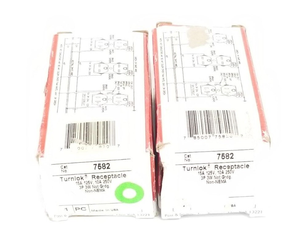 Used LOT OF 2 NEW PASS & SEYMOUR LEGRAND 7582 TURNLOK RECEPTACLES, 15/10A, 125/250V