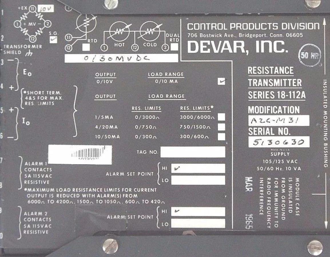 Used CONTROL PRODUCTS DEVAR INC. SERIES 18-112A RESISTANCE TRANSMITTER MOD. A2C-M31