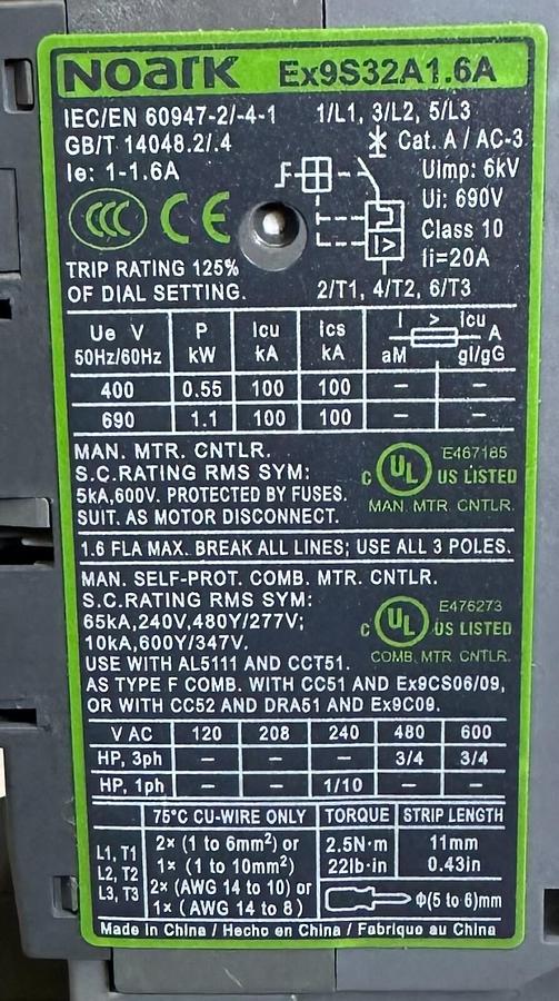 Used NOARK Ex9S32A1.6A / Ex9S32A16A MANUAL MOTOR STARTER Ex9CS12 Ex9S32 Ex9CS12D10