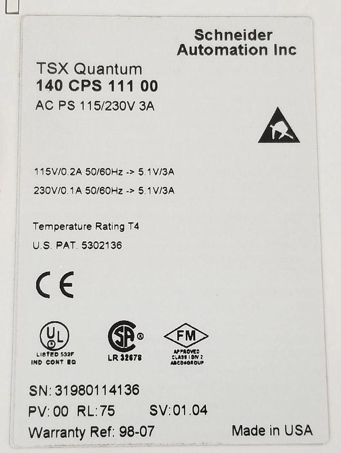 Used SCHNEIDER AUTOMATION 140 CPS 111 00 POWER SUPPLY 115/230V 3A PV: 00 RL: 75