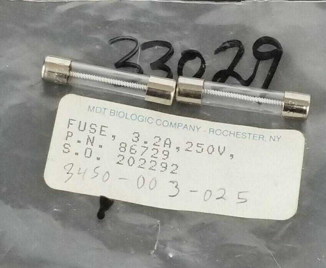 Used LOT OF 2 NEW MDT BIOLOGIC 86729 FUSES, 3.2A, 250V