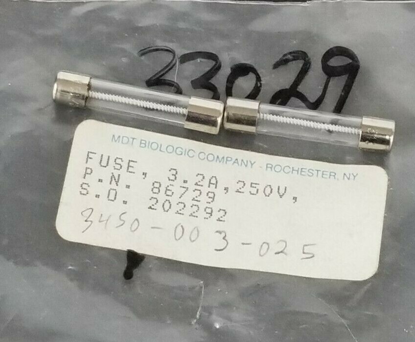 Used LOT OF 2 NEW MDT BIOLOGIC 86729 FUSES, 3.2A, 250V