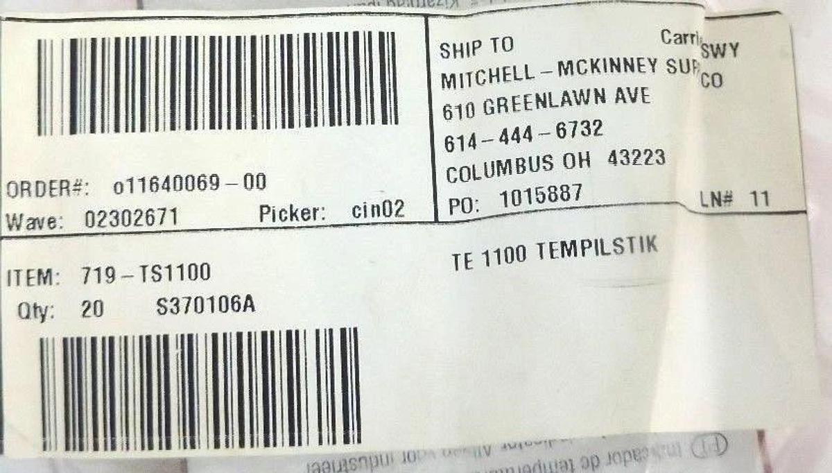 Used BOX OF 10 TEMPIL INC. 719-TS1100 TEMPILSTIK TEMPERATURE INDICATORS 1100F, TE1100