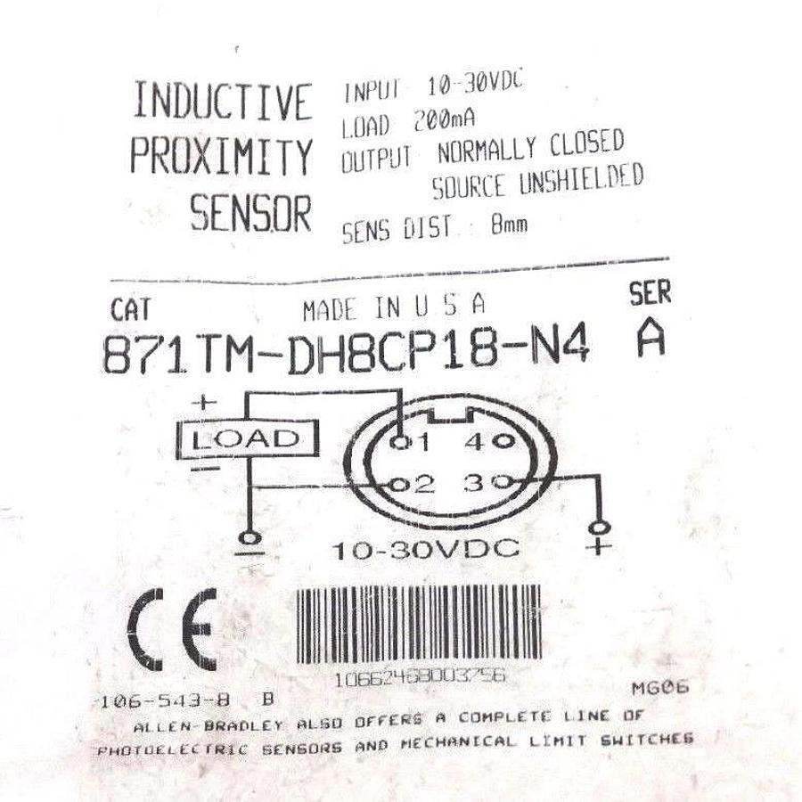 Used NIB ALLEN BRADLEY 871TM-DH8CP18-N4 SER. A INDUCTIVE PROXIMITY SENSOR 10-30VDC