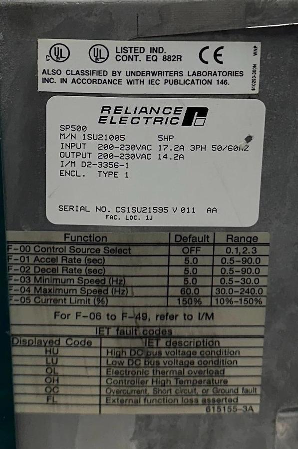 Used RELIANCE ELECTRIC 1SU21005 / SP500 VS DRIVE AC Drive 5HP 200-230VAC 3PH USNP