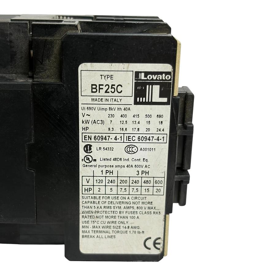 Used Lovato BF25C 3-Pole IEC Contactor 24VDC Coil 40A 20HP BF2510 1NO