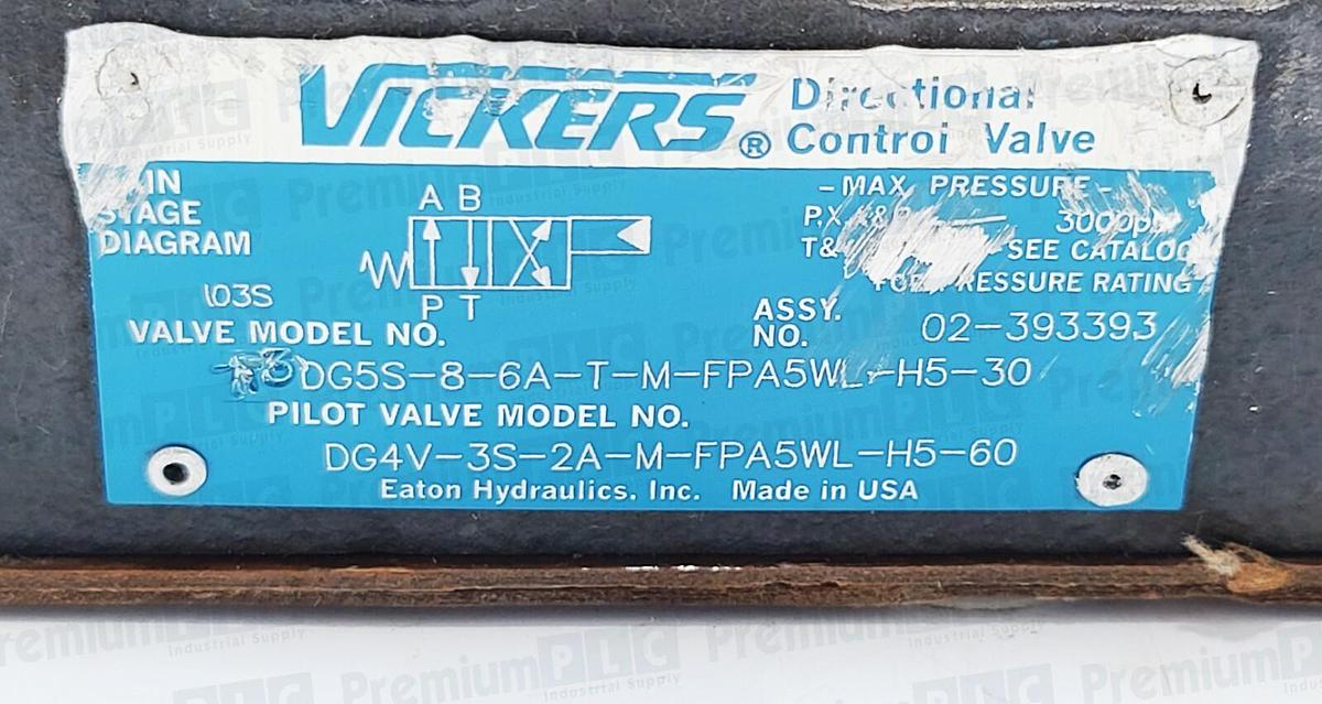 Used VICKERS DG5S-8-6A-T-M-FPA5WL-H5-30 VALVE 02-393393 W/ DG4V-3S-2A-M-FPA5WL-H5-60