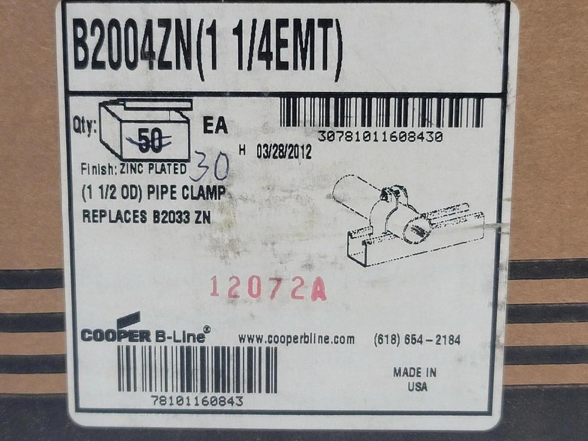 30 NEW COOPER B-LINE B2004ZN 1 1/4'' EMP STRUT STRAP PIPE CLAMP FITTINGS