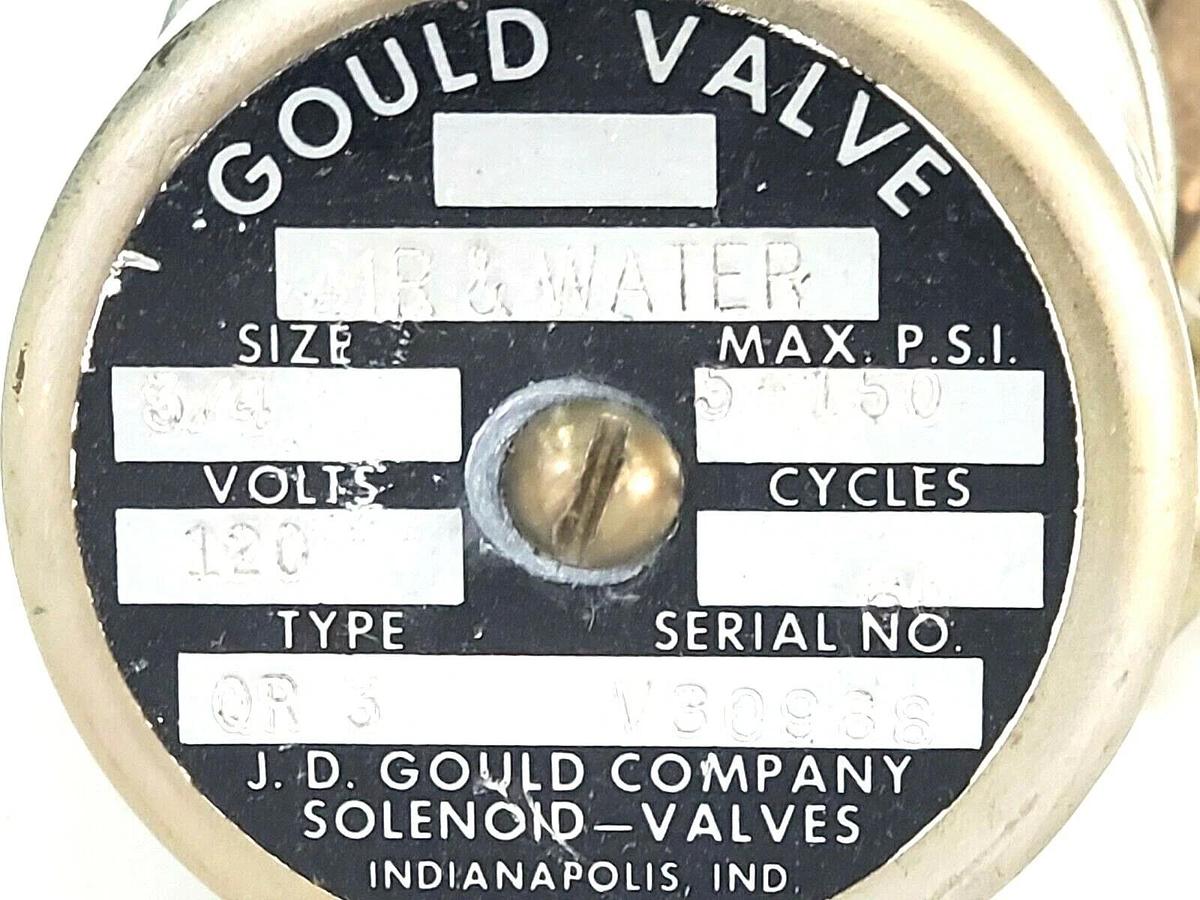 Used GOULD COMPANY QR-3 SOLENOID VALVE AIR/WATER 120V 5-150PSI 60CY SIZE: 3/4''