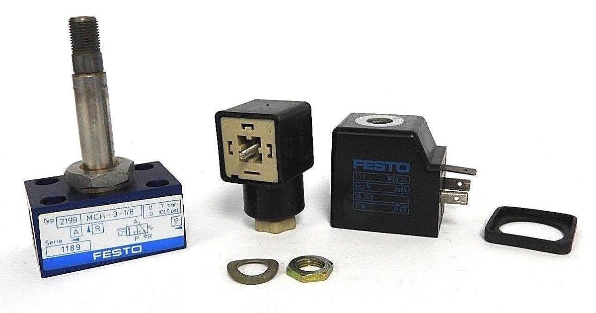 Used NEW FESTO 2199 MCH-3-1/8 SOLENOID VALVE W/ 3599 MSG-24 COIL & B-12
