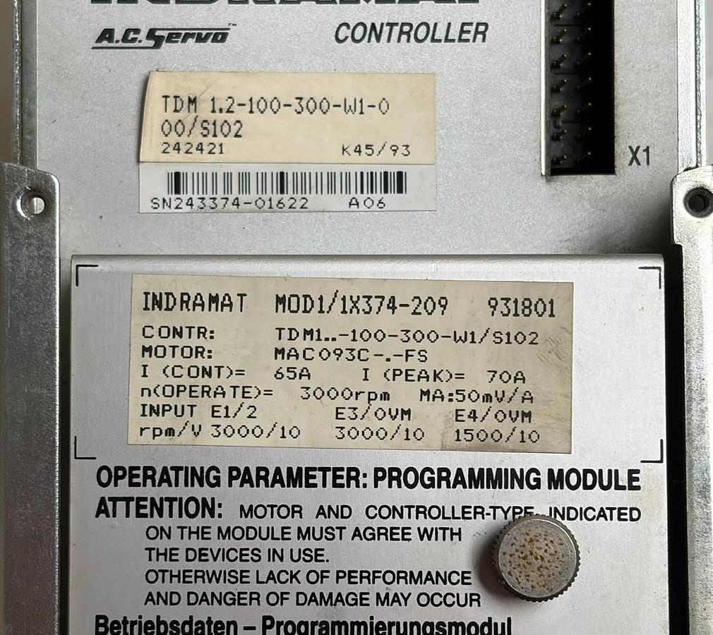 Used Indramat TDM 1.2-100-300-W1-0 Modular Servo Drive MOD1/1X374-209 S102