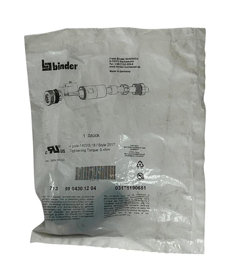 Used 10 BINDER 99 0430 12 04 / 9904301204 CABLE CONNECTORS SERIES 713 4-POLE NSFS