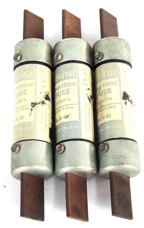 Used LOT OF 3 LITTLEFUSE NLN 80 ONE TIME CLASS H FUSES 250VAC NLN80