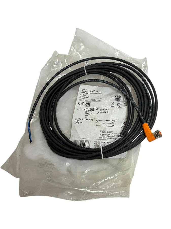 ifm EVC145 5M Right Angle M12 Sensor Cable 3-Wire 50V AC 60V DC AWG 23 New Open
