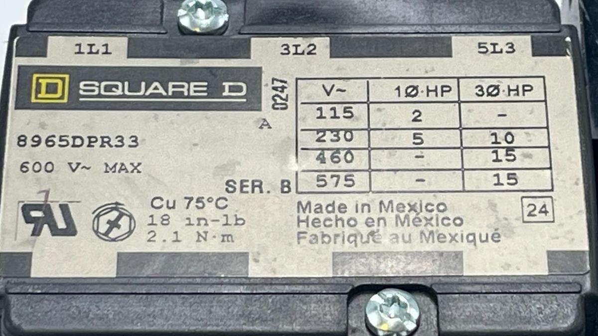 Used SQUARE D 8965DPR33V02 Ser. B Reversing Hoist Contactor 30A 600V 120V Coil, NSNP