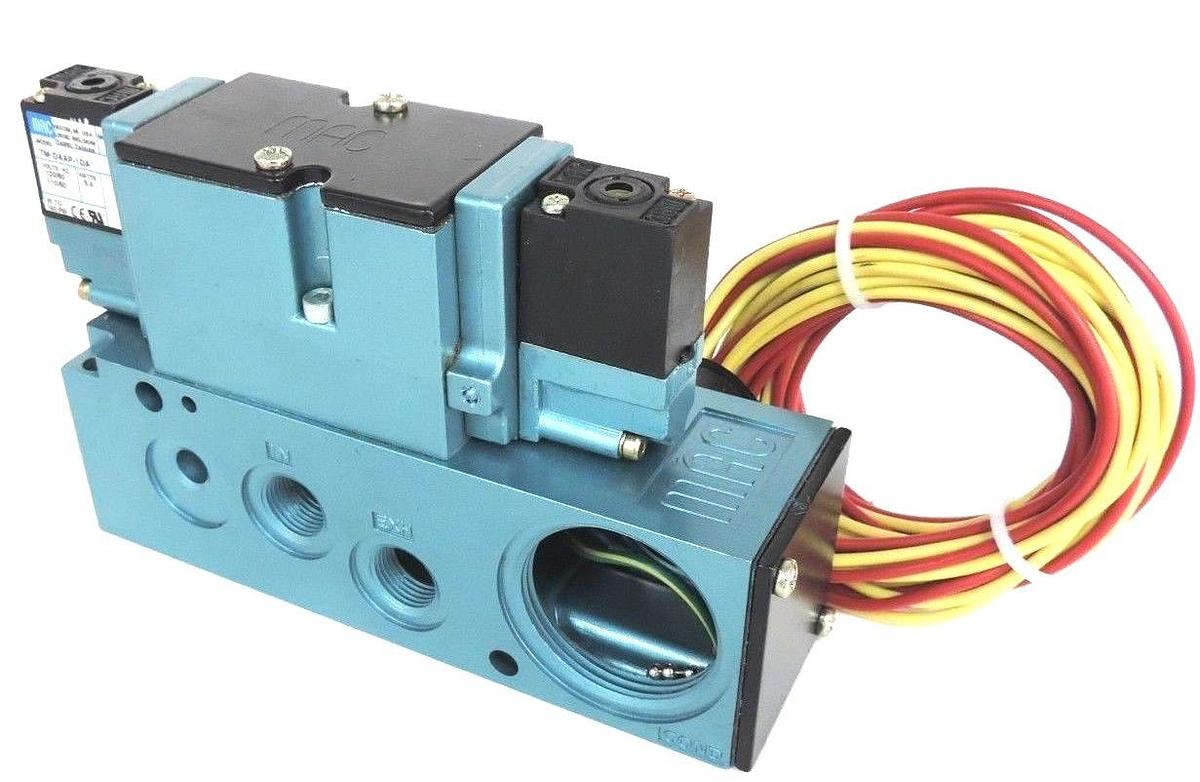 Used MAC 82A-FA-CKA-TM-DAA5-1DA VALVE W/ TM-DAAP-1DA SOLENOIDS 6.4 WATTS *NO HARDWARE