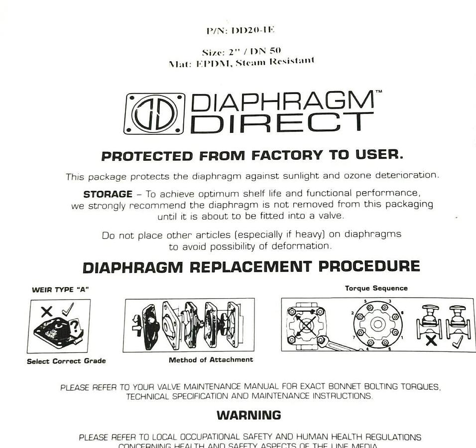 Used NIB DIAPHRAGM DIRECT DD20-IE DIAPHRAM SIZE: 2'' / DN 50 MAT: EPDM, STEAM RESIST.
