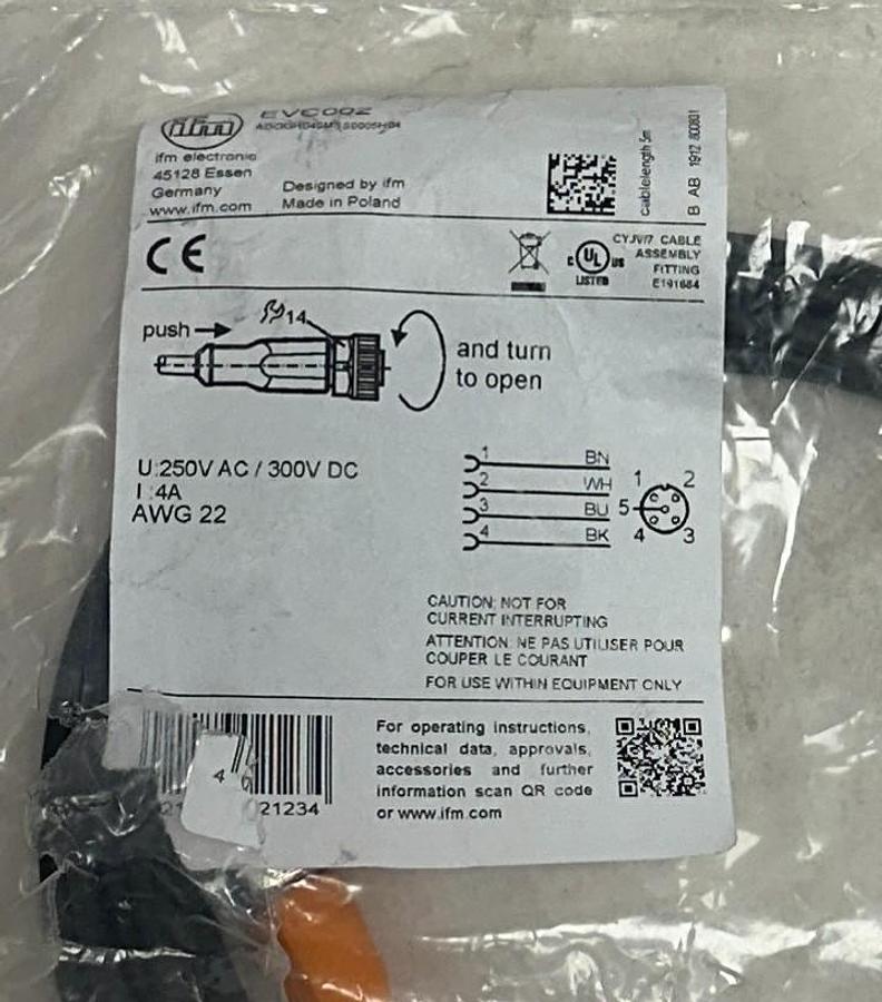Used 5 IFM ADOGH040MSS0005H04 / EVC002 FEMALE CORDSETS 5M 250VAC/300VDC NSMP