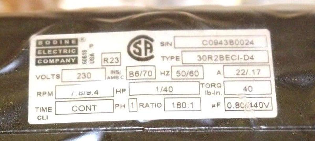 NIB BODINE ELECTRIC 30R2BECI-D4 AC GEARMOTOR 230V 1/40HP 180:1 30R2BECID4