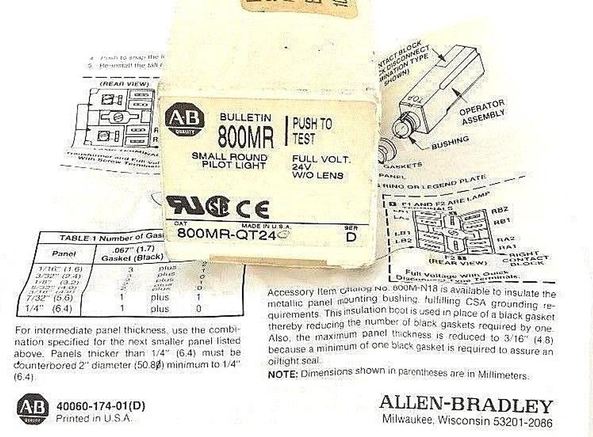 NIB ALLEN BRADLEY 800MR-QT24 PUSH BUTTON SER D, 24V, LAMP 85, 800MRQT24